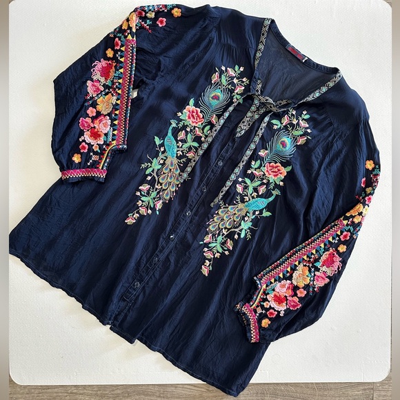 Johnny Was Sundance Catalog Blue Art Sable Tunic Navy Size Large EUC - Picture 2 of 16